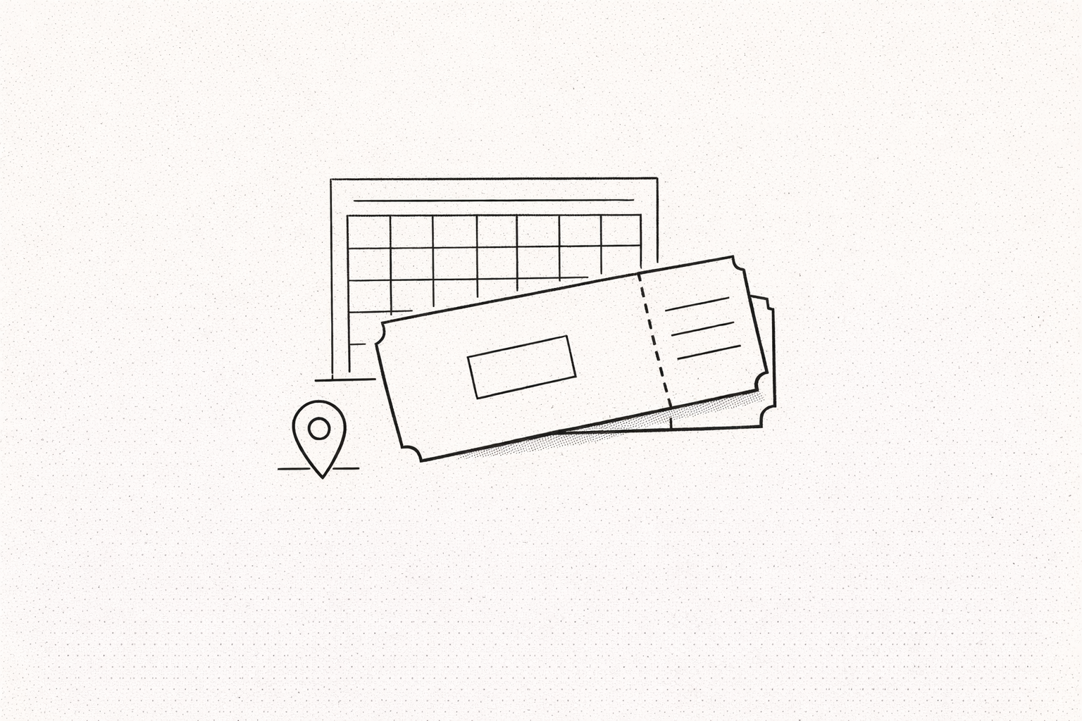 An admission ticket, calendar, and location pin